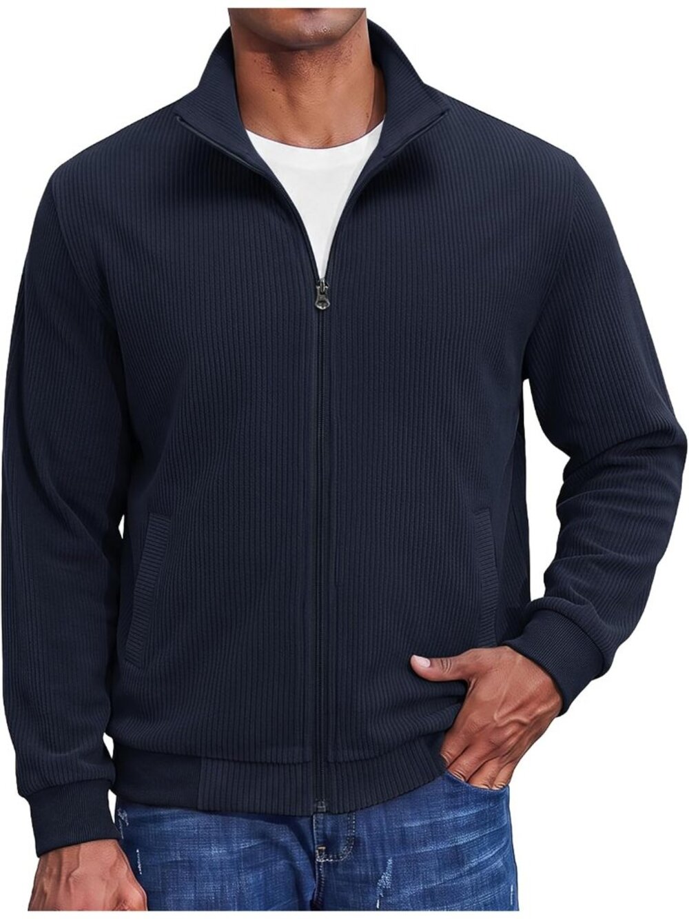 🆕Men's Navy Blue Zip Up Sweatshirt Knit Cardigan Ribbed Mock Neck Outerwear